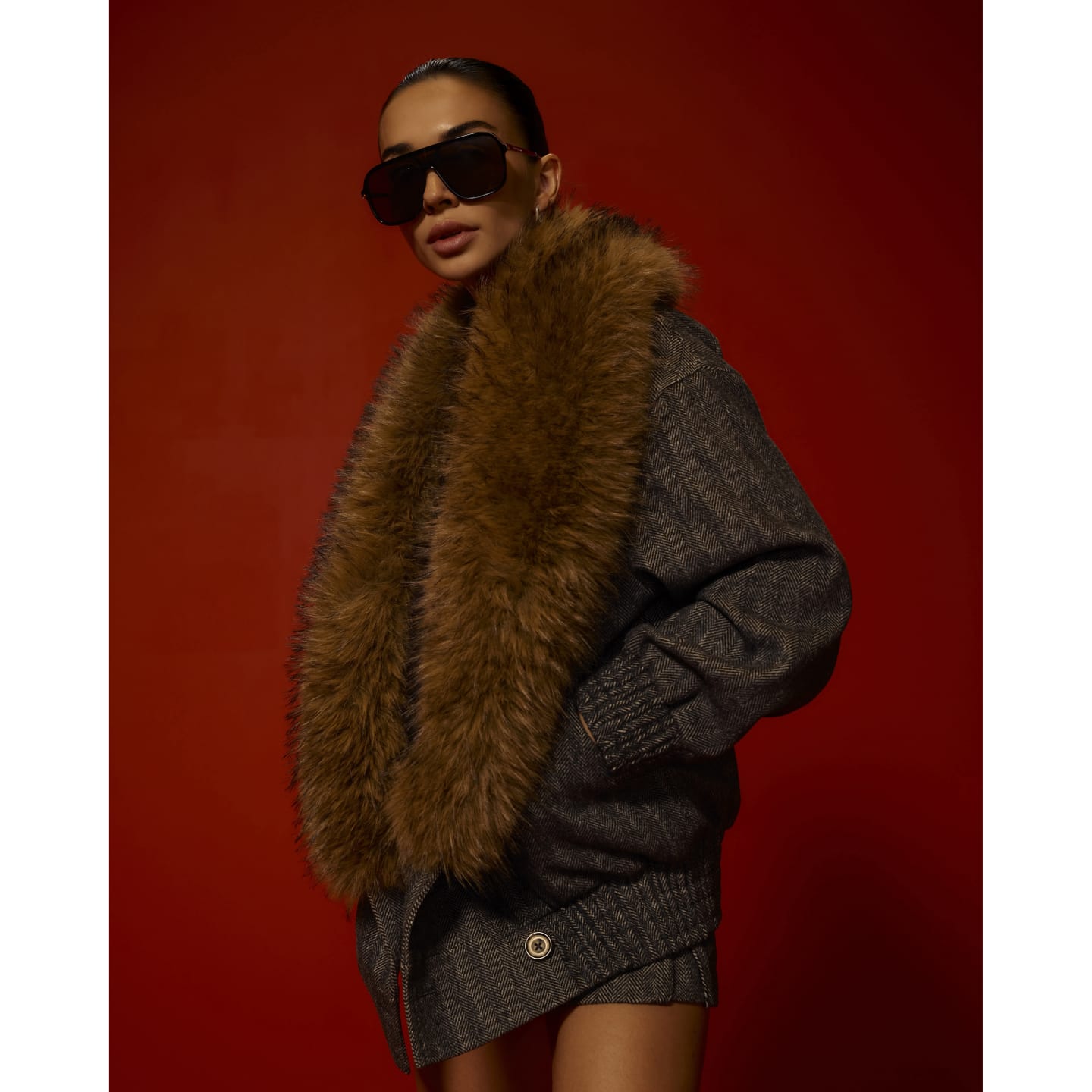River Island Grey Faux Fur Collar Herringbone Coat — photo 1 of 1