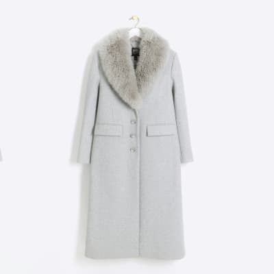 Grey faux fur collar longline coat River Island