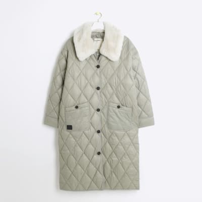 Grey faux fur collar quilted jacket | River Island