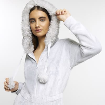 Grey faux fur hooded onesie | River Island