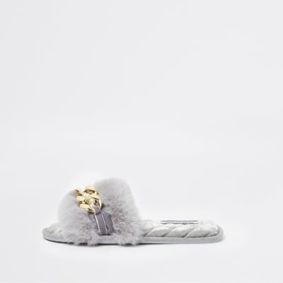 Grey faux fur open toe slippers | River