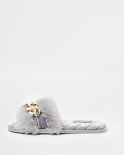 Grey faux fur open toe slippers