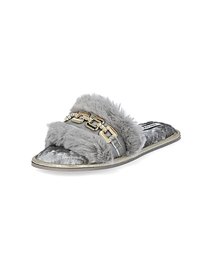 360 degree animation of product Grey faux fur open toe slippers frame-0