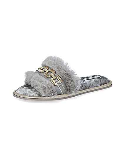 360 degree animation of product Grey faux fur open toe slippers frame-1
