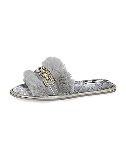 360 degree animation of product Grey faux fur open toe slippers frame-2