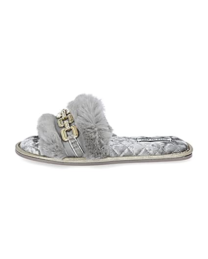 360 degree animation of product Grey faux fur open toe slippers frame-3