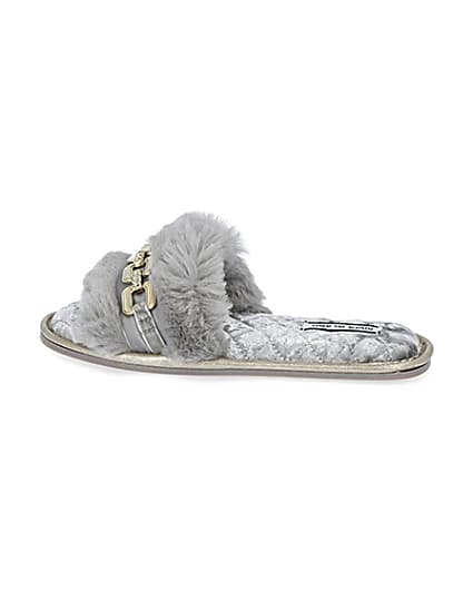 360 degree animation of product Grey faux fur open toe slippers frame-4