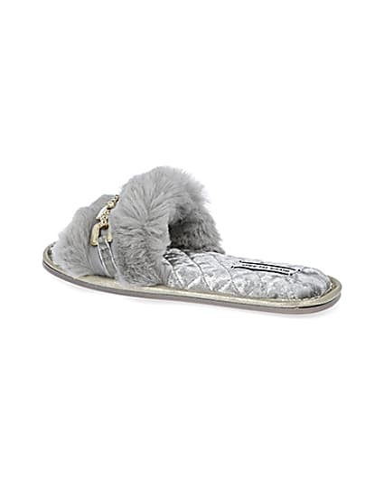 360 degree animation of product Grey faux fur open toe slippers frame-5