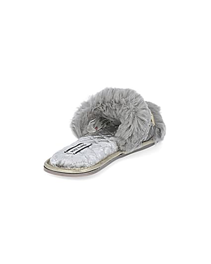 360 degree animation of product Grey faux fur open toe slippers frame-11