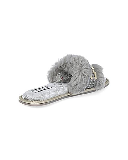 360 degree animation of product Grey faux fur open toe slippers frame-12