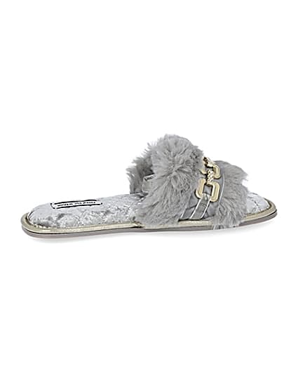 360 degree animation of product Grey faux fur open toe slippers frame-14