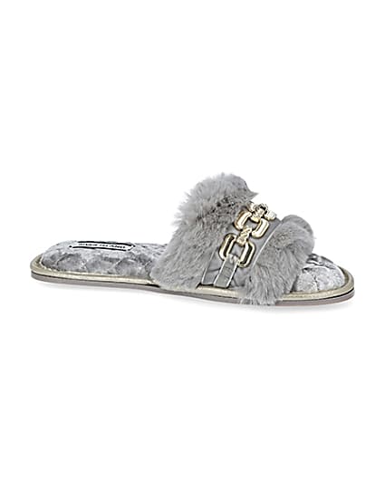 360 degree animation of product Grey faux fur open toe slippers frame-16