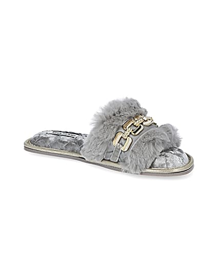 360 degree animation of product Grey faux fur open toe slippers frame-17