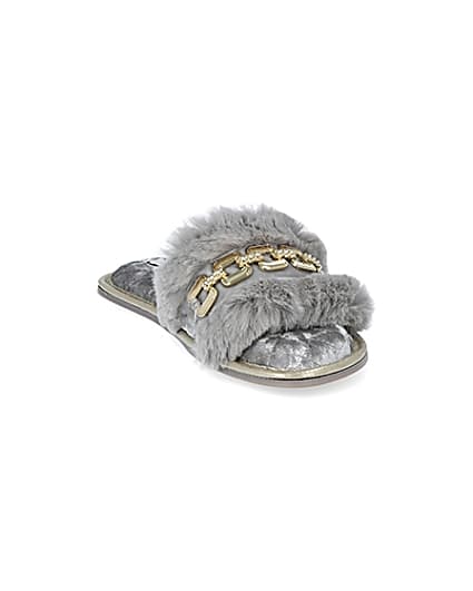 360 degree animation of product Grey faux fur open toe slippers frame-19