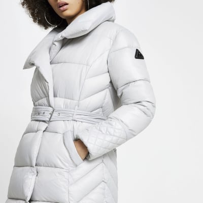 grey padded fur hood coat