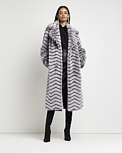 Grey faux fur panelled longline coat