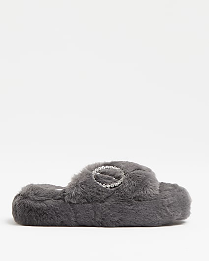 Grey faux fur slippers