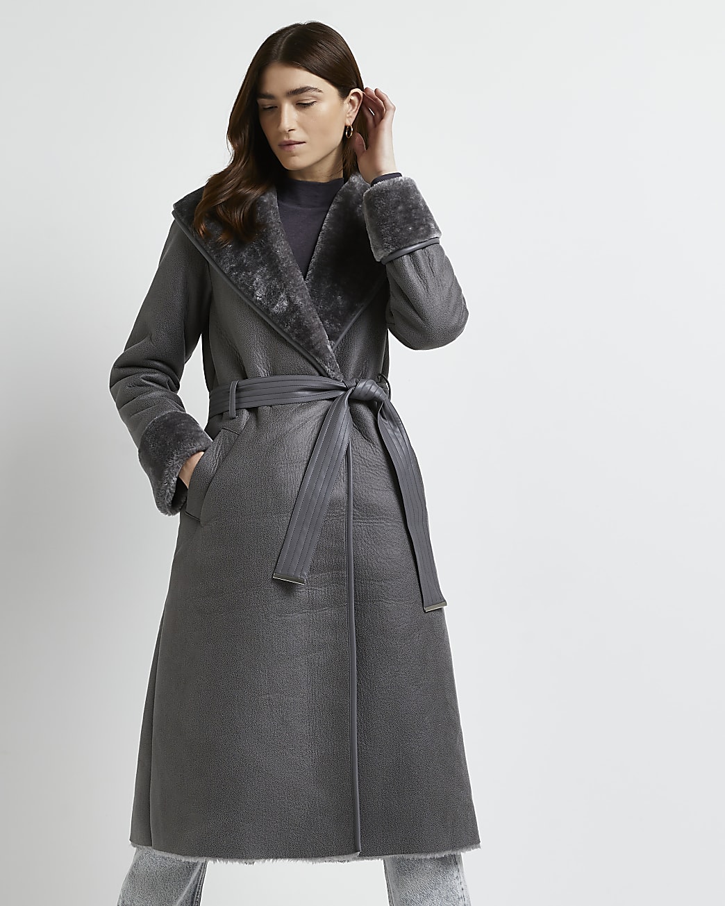 Grey faux fur trim belted trench coat