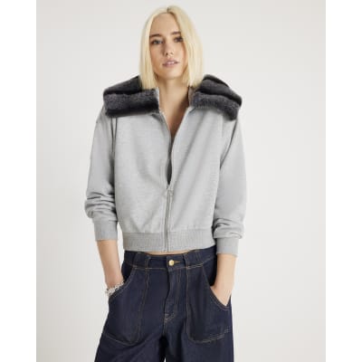 Grey Faux Fur Trim Zip Through Hoodie