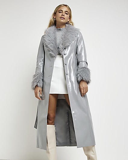 Grey faux fur vinyl longline coat
