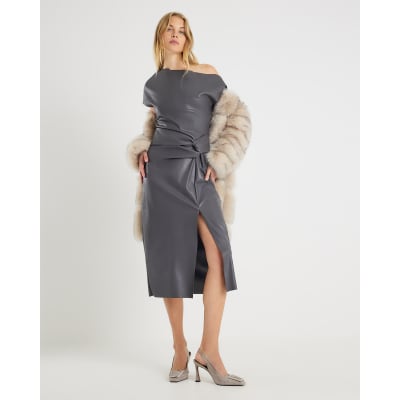 Grey Faux Leather Draped Knot Midi Dress
