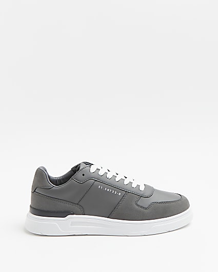 Grey faux leather lace up trainers