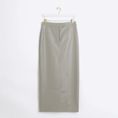 Grey faux leather tailored midi skirt River Island