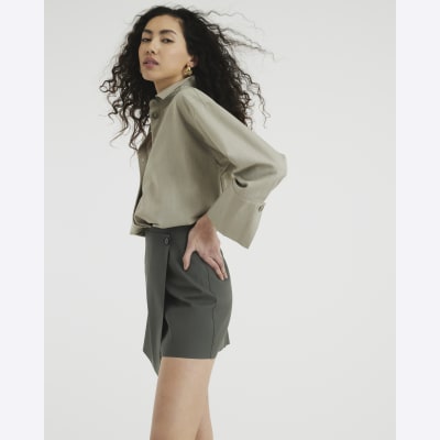Grey Faux Leather Wrap Mini Skort | River Island