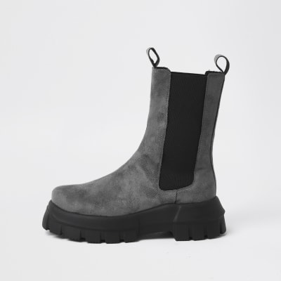 Grey faux suede chunky flat chelsea boots