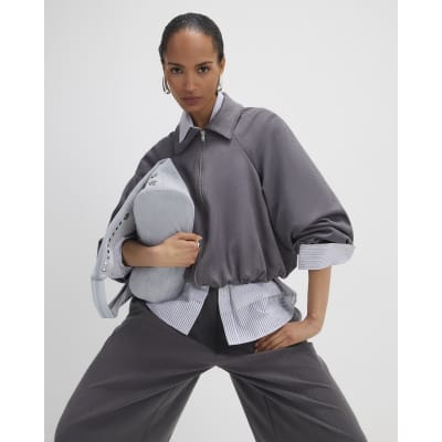 Grey Faux Suede Collared Bomber Jacket