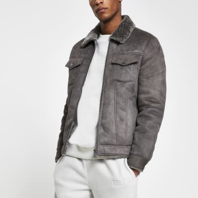 Grey faux suede zip western jacket