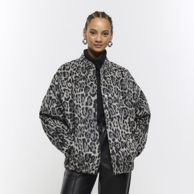 Grey faux wool animal print bomber jacket | River Island