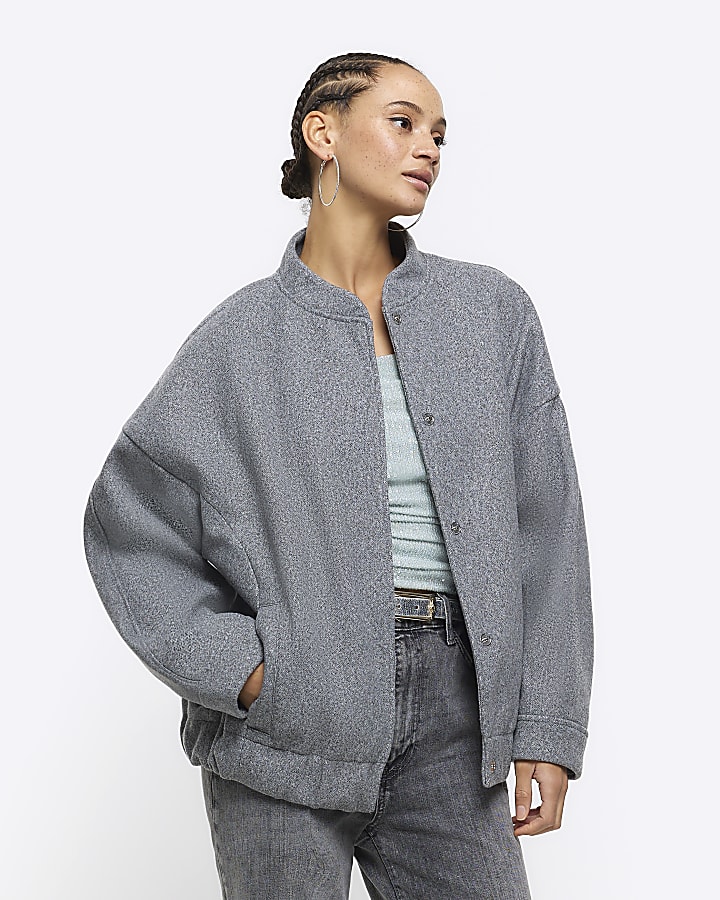 Grey faux wool bomber jacket