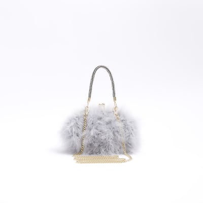 Grey feather diamante cross body bag | River Island