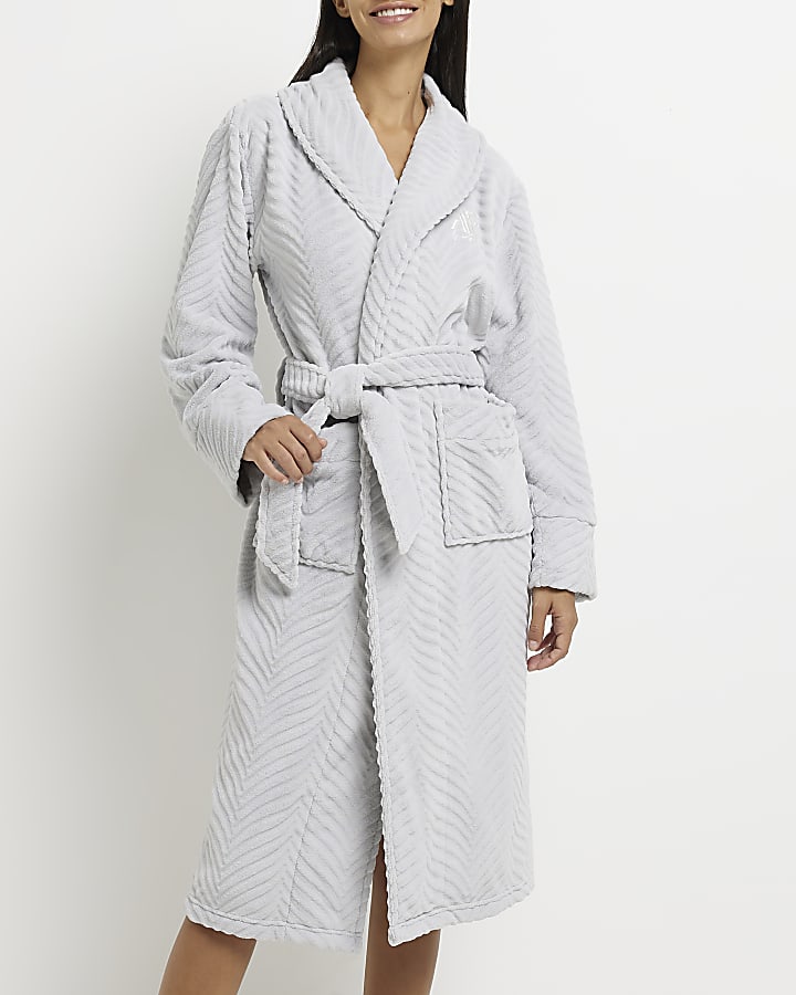 Grey fleece longline dressing gown