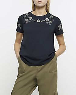 Grey floral beaded detail t-shirt