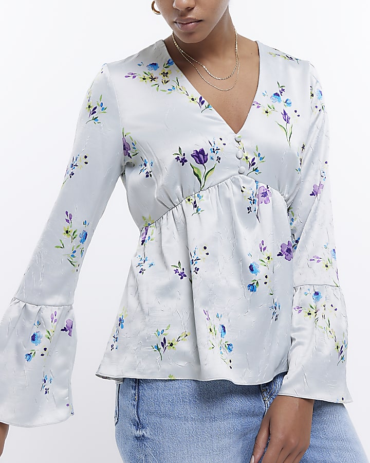 Grey floral flute sleeve blouse
