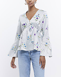 Grey floral flute sleeve blouse