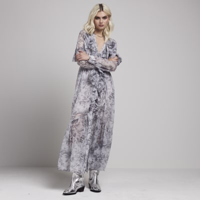Grey floral frill belted swing maxi dress