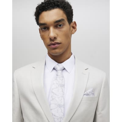 Grey Floral Tie And Handkerchief Set