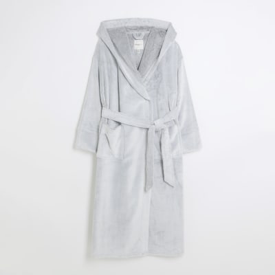 Grey fluffy hooded dressing gown River Island