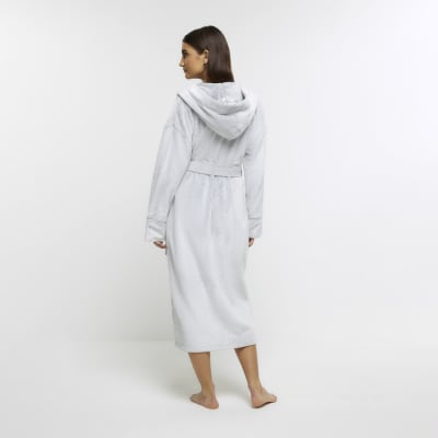 Grey fluffy hooded dressing gown River Island