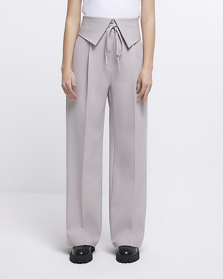 Grey fold over waist wide leg trousers