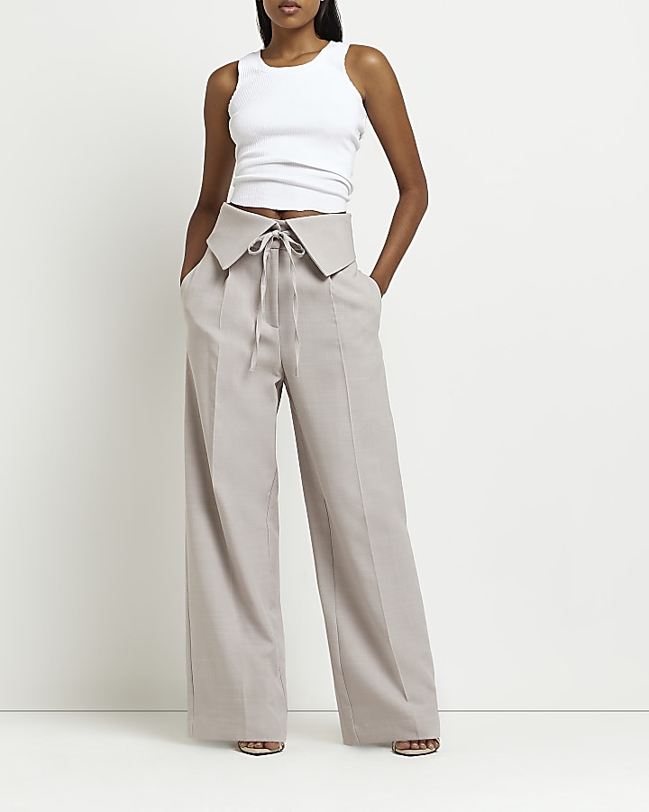 Grey fold over waist wide leg trousers