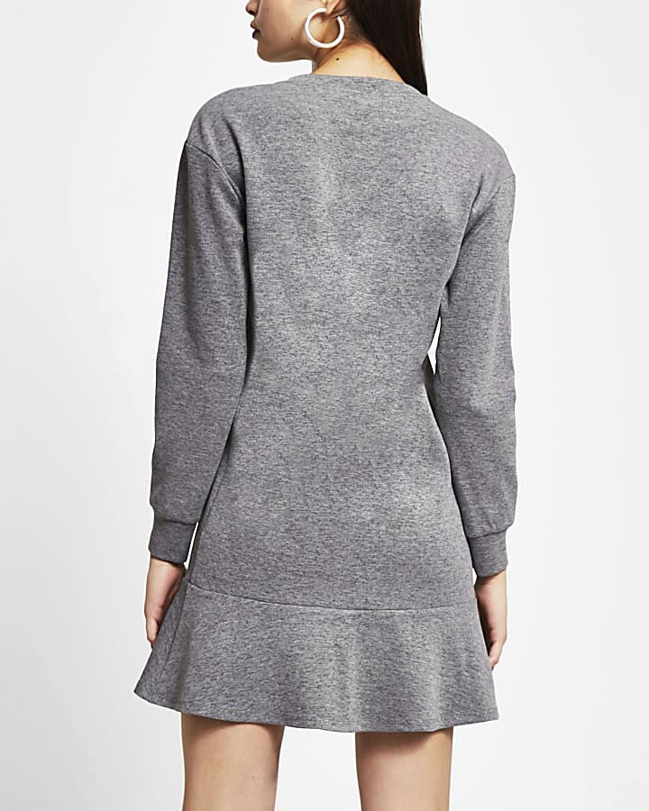 Grey frill hem long sleeve mini sweater dress