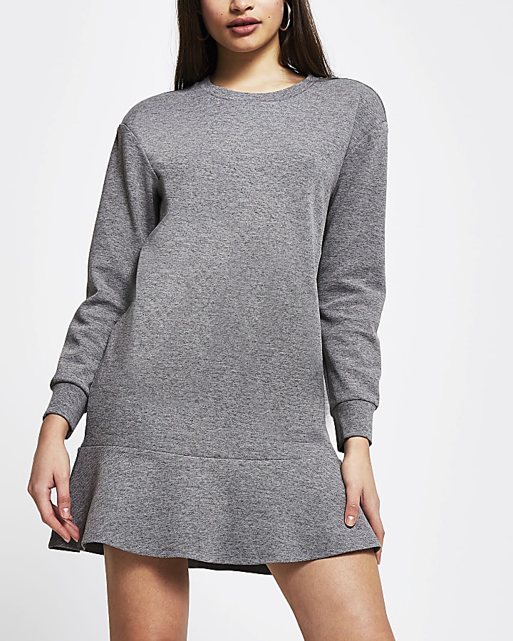 Grey frill hem long sleeve mini sweater dress