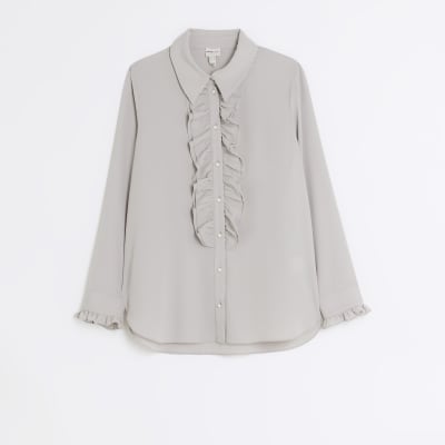 Grey frill long sleeve shirt | River Island