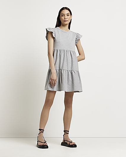 Grey frill smock mini dress