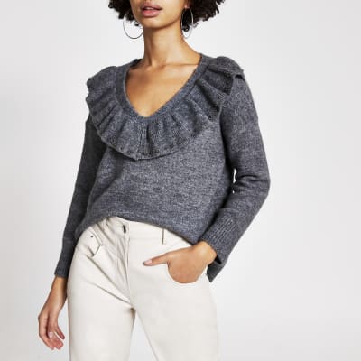 frill neck knitted jumper