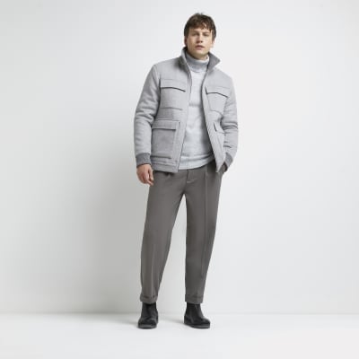 mens grey funnel neck coat